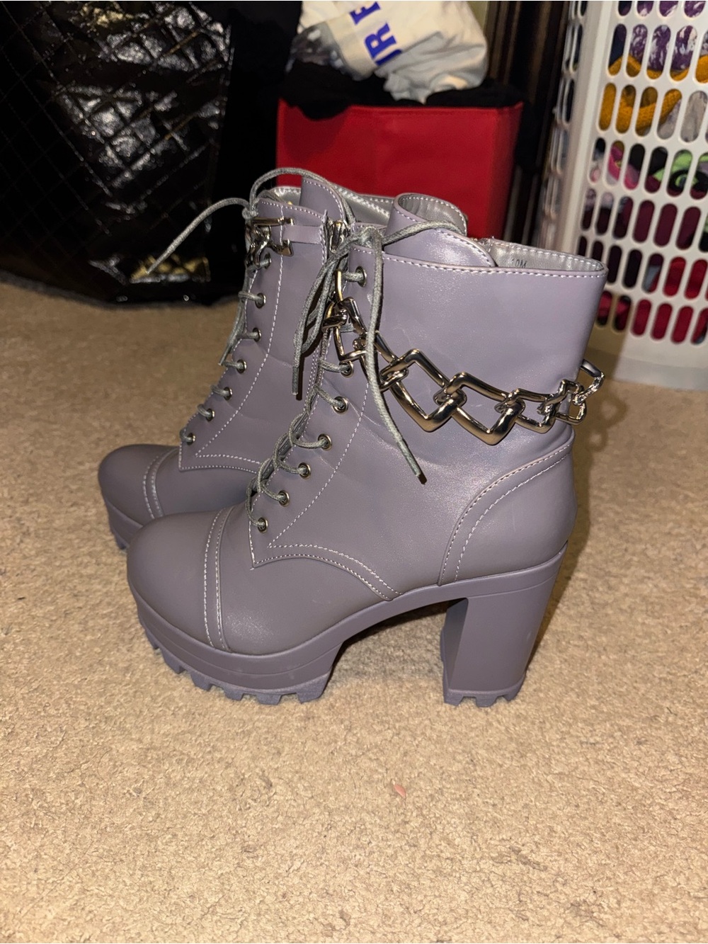 Cape Robbin Lavender Lace-Up Chunk Heel Ankle Boots with Chain